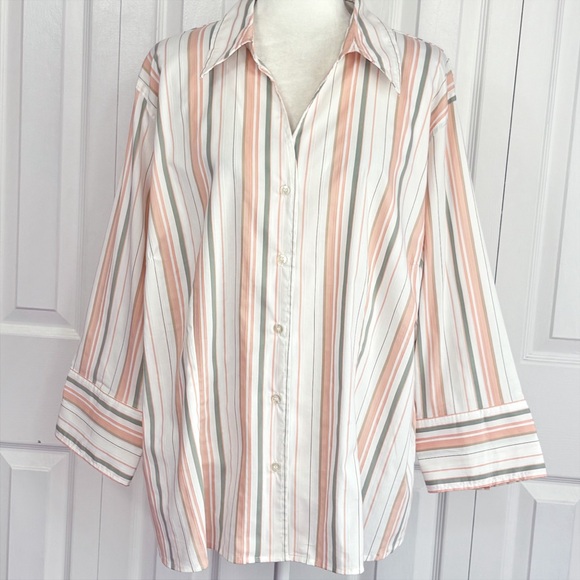 NWT Dressbarn White & Peach Multi Stripe Print Button Down Shirt 3X - Picture 1 of 16